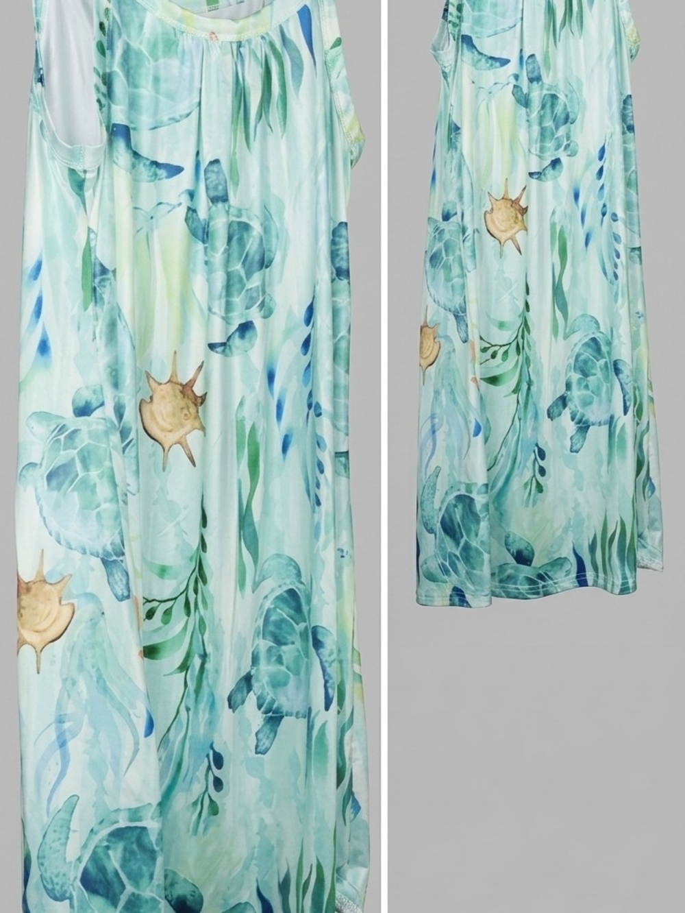 Sea Turtle Print Maxi Dress in Aqua and Teal
